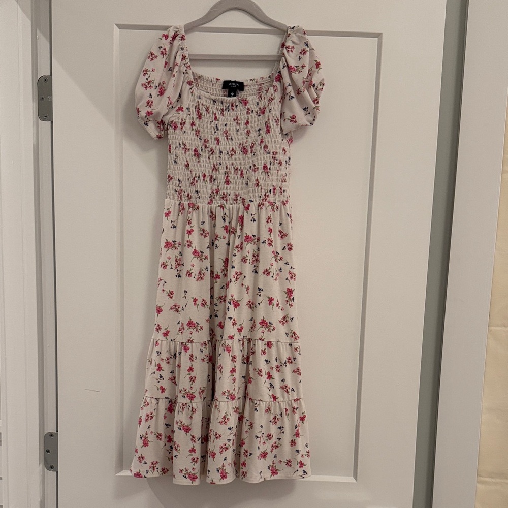 Aqua Girls Cream Floral Smocked Midi Dress with Puff Sleeves
